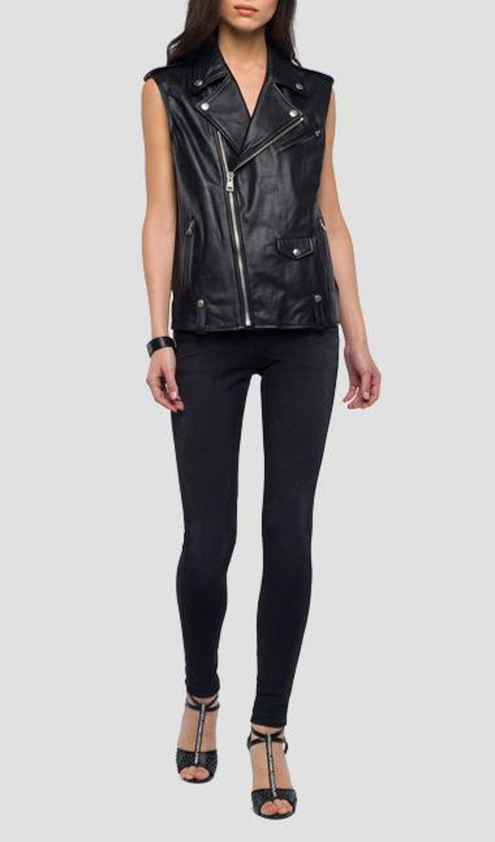 SLEEVELESS BIKER JACKET IN REAL LEATHER