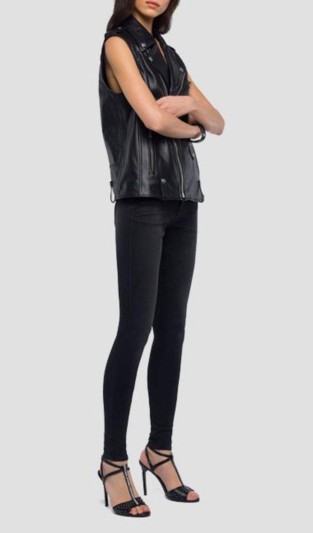 SLEEVELESS BIKER JACKET IN REAL LEATHER