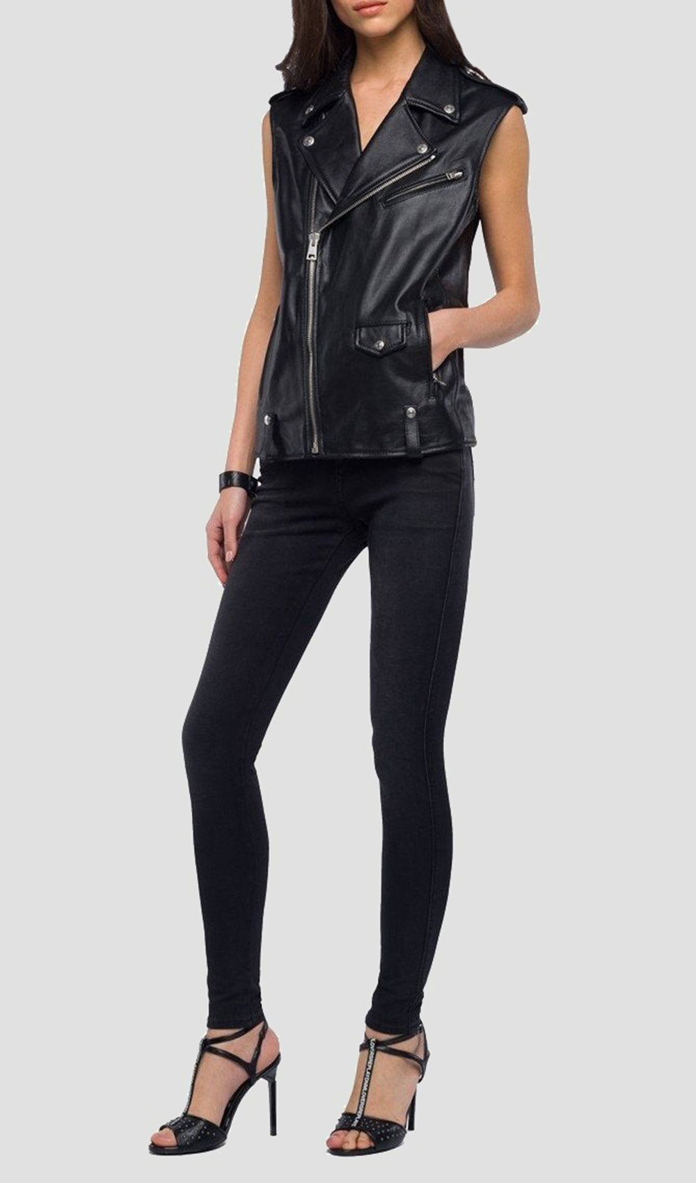 SLEEVELESS BIKER JACKET IN REAL LEATHER