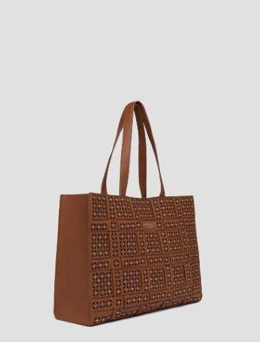 LAMINATED SHOPPER WITH WEAVED PATTERN AND STUDS