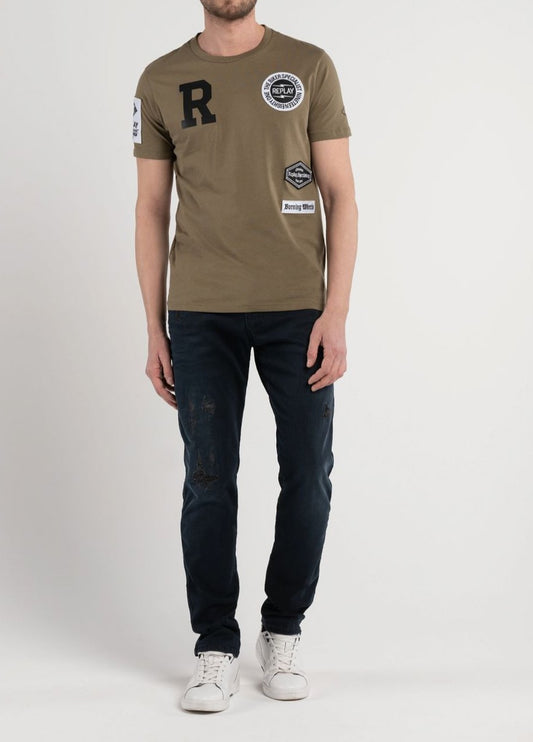 T-SHIRT WITH PRINTS AND BIKER PATCH