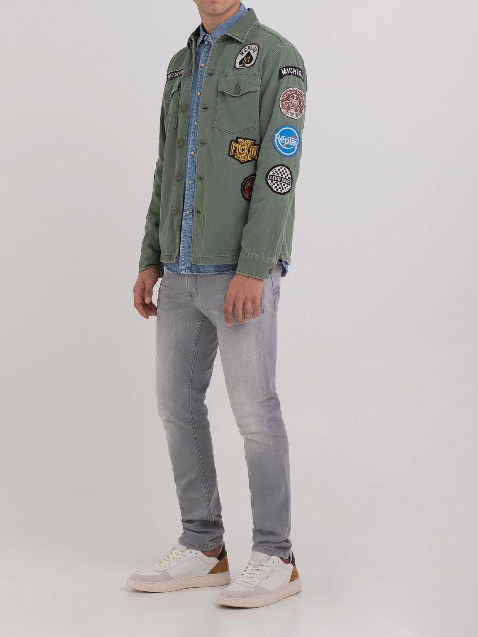 MILITARY SATIN SHIRT WITH ALL-OVER PATCHES