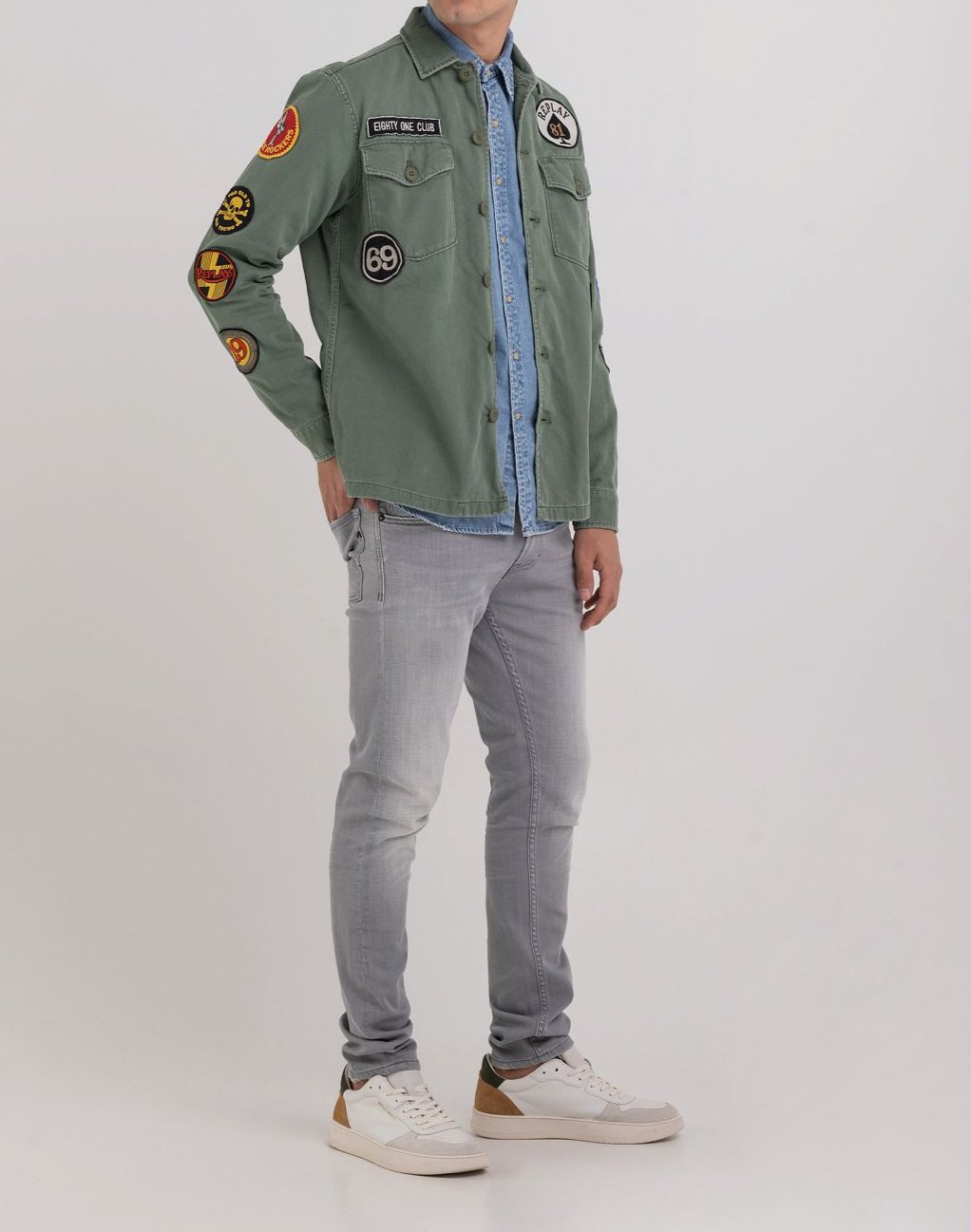 MILITARY SATIN SHIRT WITH ALL-OVER PATCHES