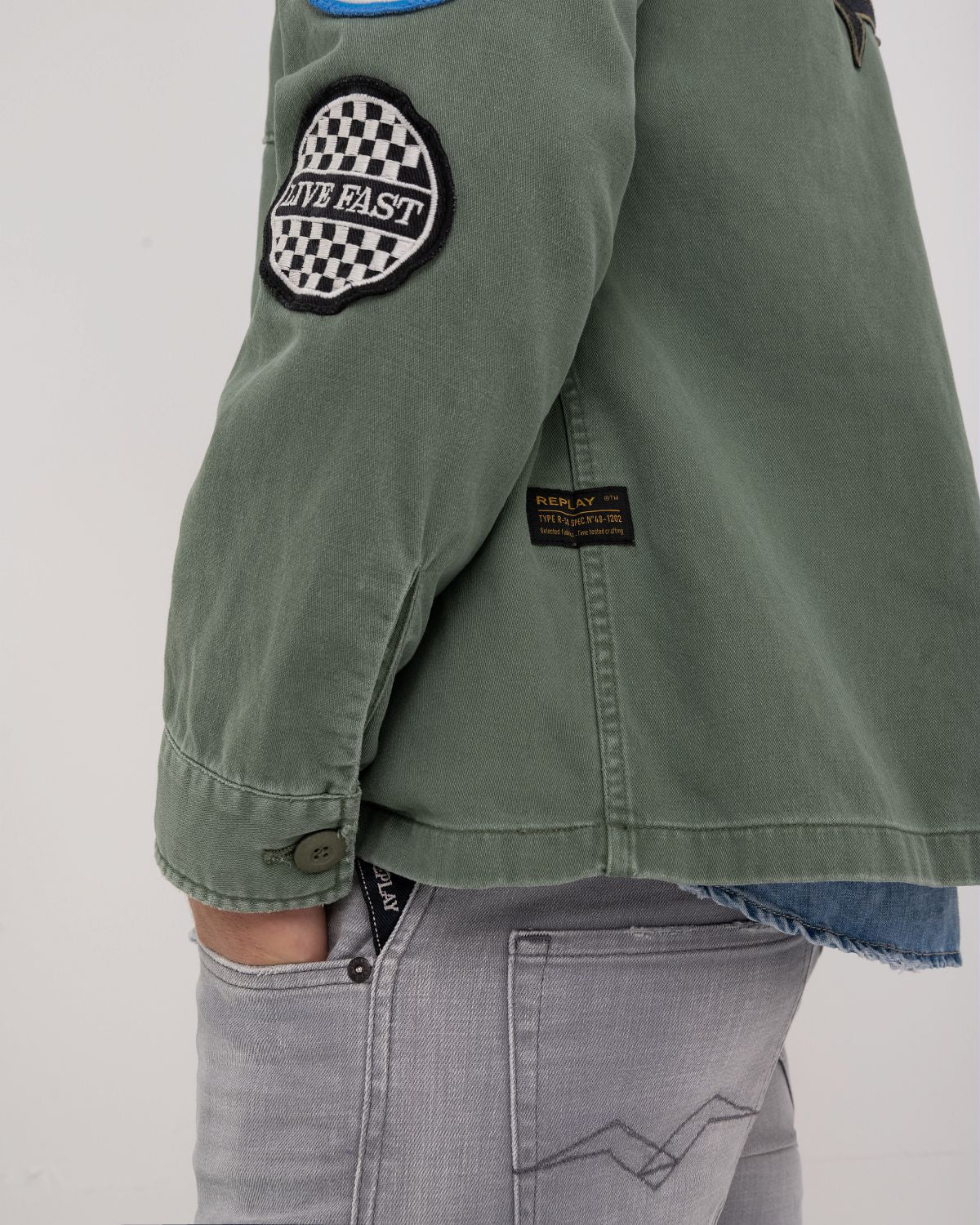 MILITARY SATIN SHIRT WITH ALL-OVER PATCHES