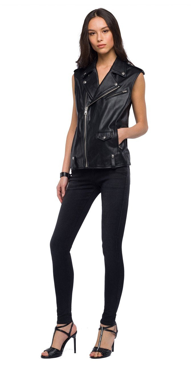 SLEEVELESS BIKER JACKET IN REAL LEATHER