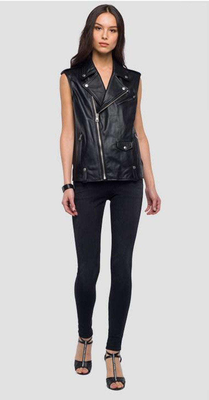 SLEEVELESS BIKER JACKET IN REAL LEATHER